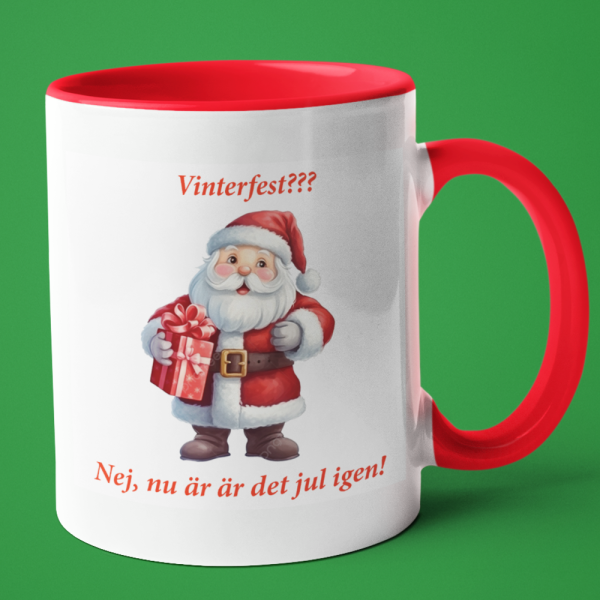 Tomtemugg med texten: Vinterfest? Nej, nu ar det jul igen